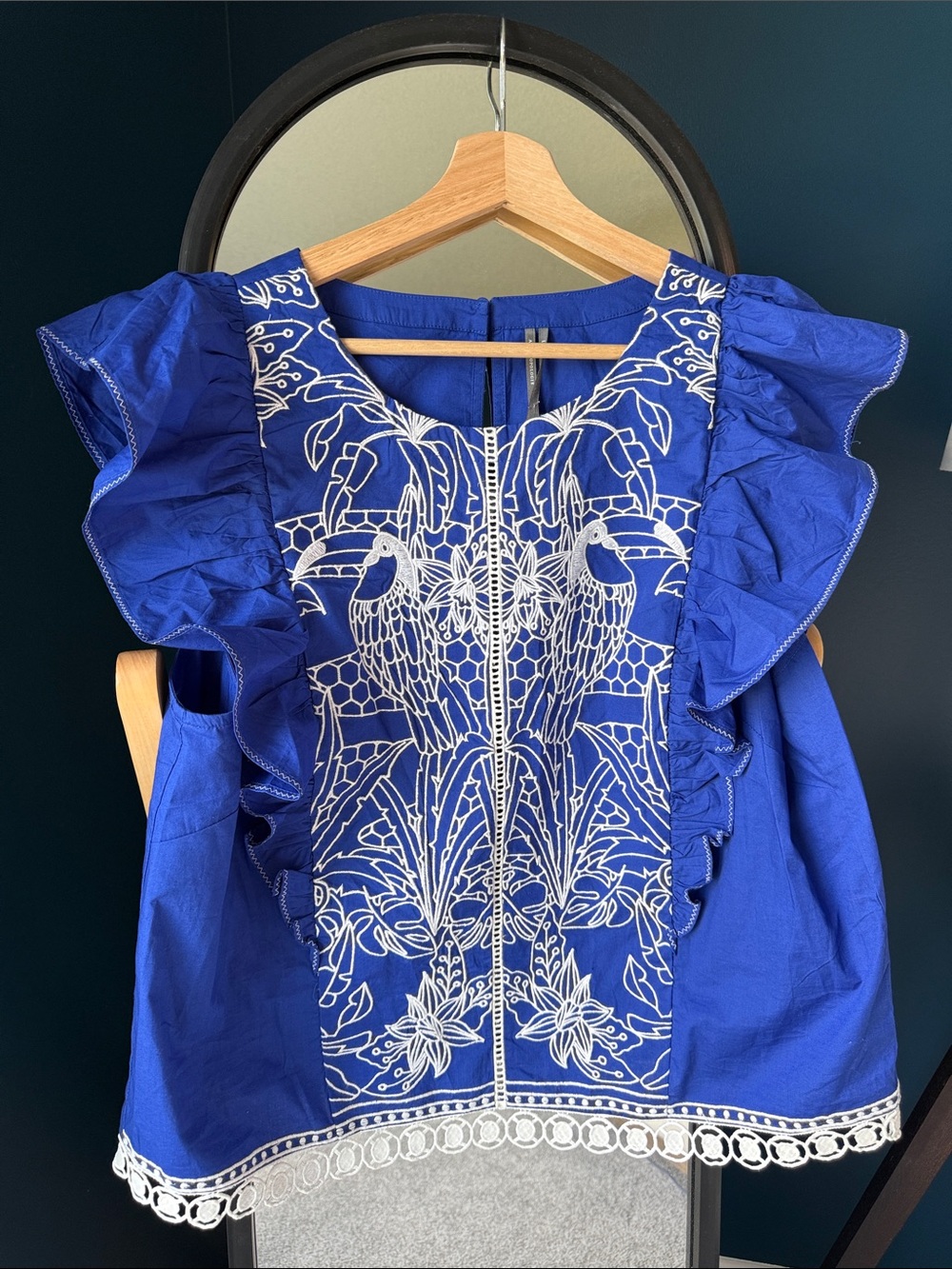 Anthropologie Royal Blue Embroidered Ruffle Sleeve Top - Farm Rio vibes